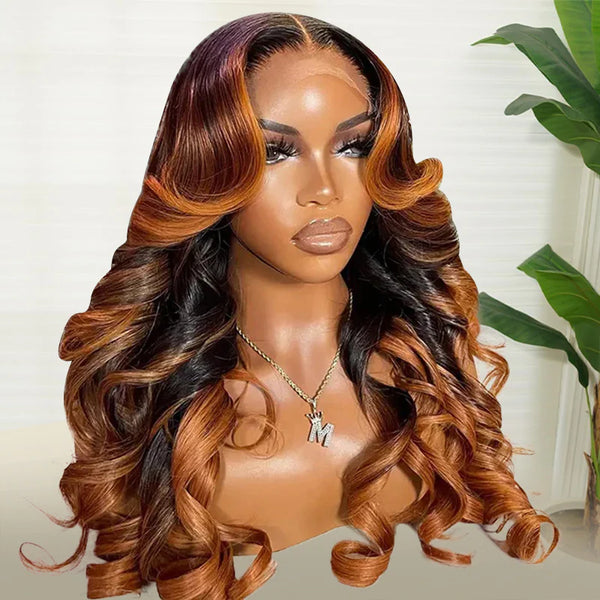 Ombre Brown Colored 13x4 Transparent HD Full Lace Frontal Body Wave Wig Pre-Plucked Highlight Human Hair Wigs 200% Density