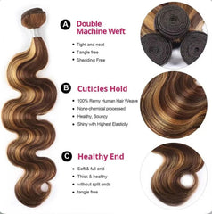 P4/27 Highlight Body Wave 3 Bundles With 2x6 Deep Part Lace Closure 100% Human Hair