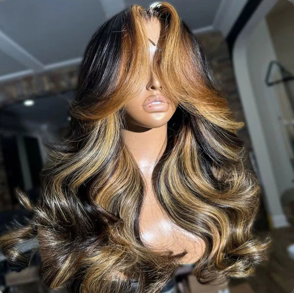 Balayage Body Wave Highlight #1B/27/613 Piano Color Honey Blonde 13x4 HD Full Lace Front Wig