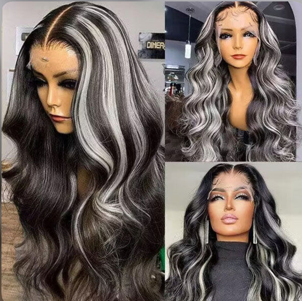 Grey Highlight With Black Color Body Wave Lace Wig