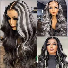 Grey Highlight With Black Color Body Wave Lace Wig
