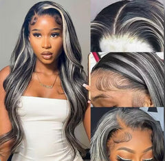Grey Highlight With Black Color Body Wave Lace Wig
