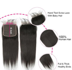 Brazilian Straight 3 Bundle with 6*6 Transparent Lace Closure