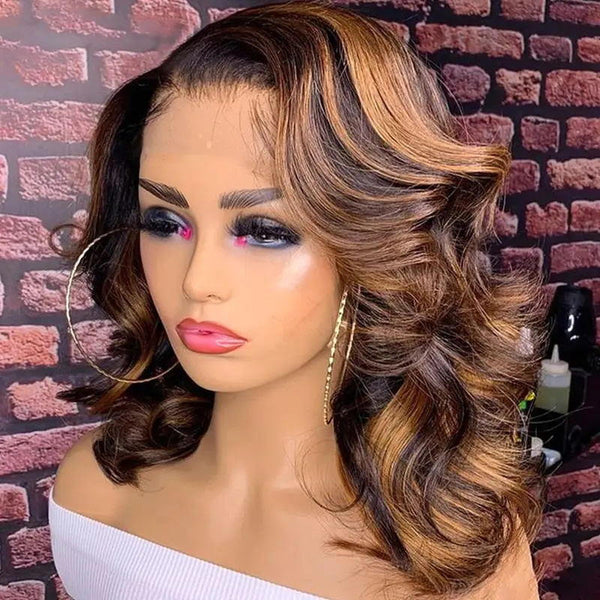 Glueless Highlight Body Wave Bob Wig 13*4*1 Transparent Lace Front Wig