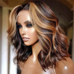 Glueless Highlight Body Wave Bob Wig 13*4*1 Transparent Lace Front Wig