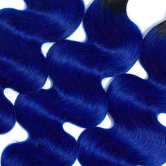 1B/ Blue Colored Body Wave Human Hair 3 Bundles With 4X4 Lace Closure