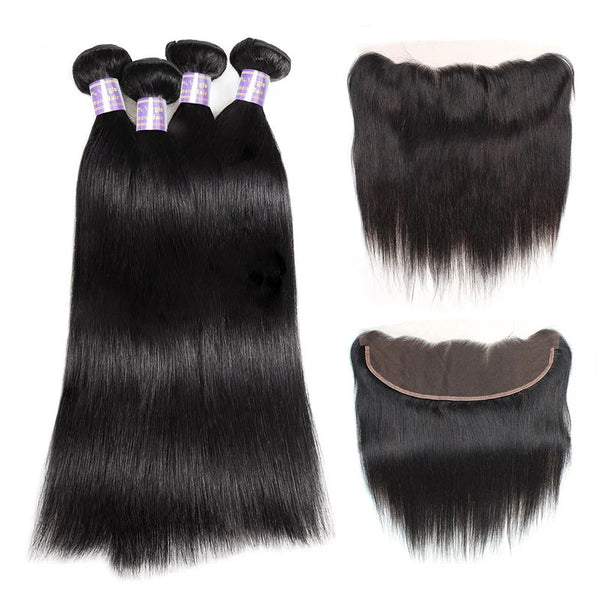 Malaysian Straight Hair 4 Bundles with 13X4 Lace Frontal Human Hair