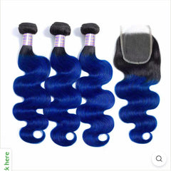 1B/ Blue Colored Body Wave Human Hair 3 Bundles With 4X4 Lace Closure