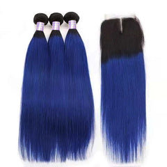 1B/ Blue Colored Body Wave Human Hair 3 Bundles With 4X4 Lace Closure